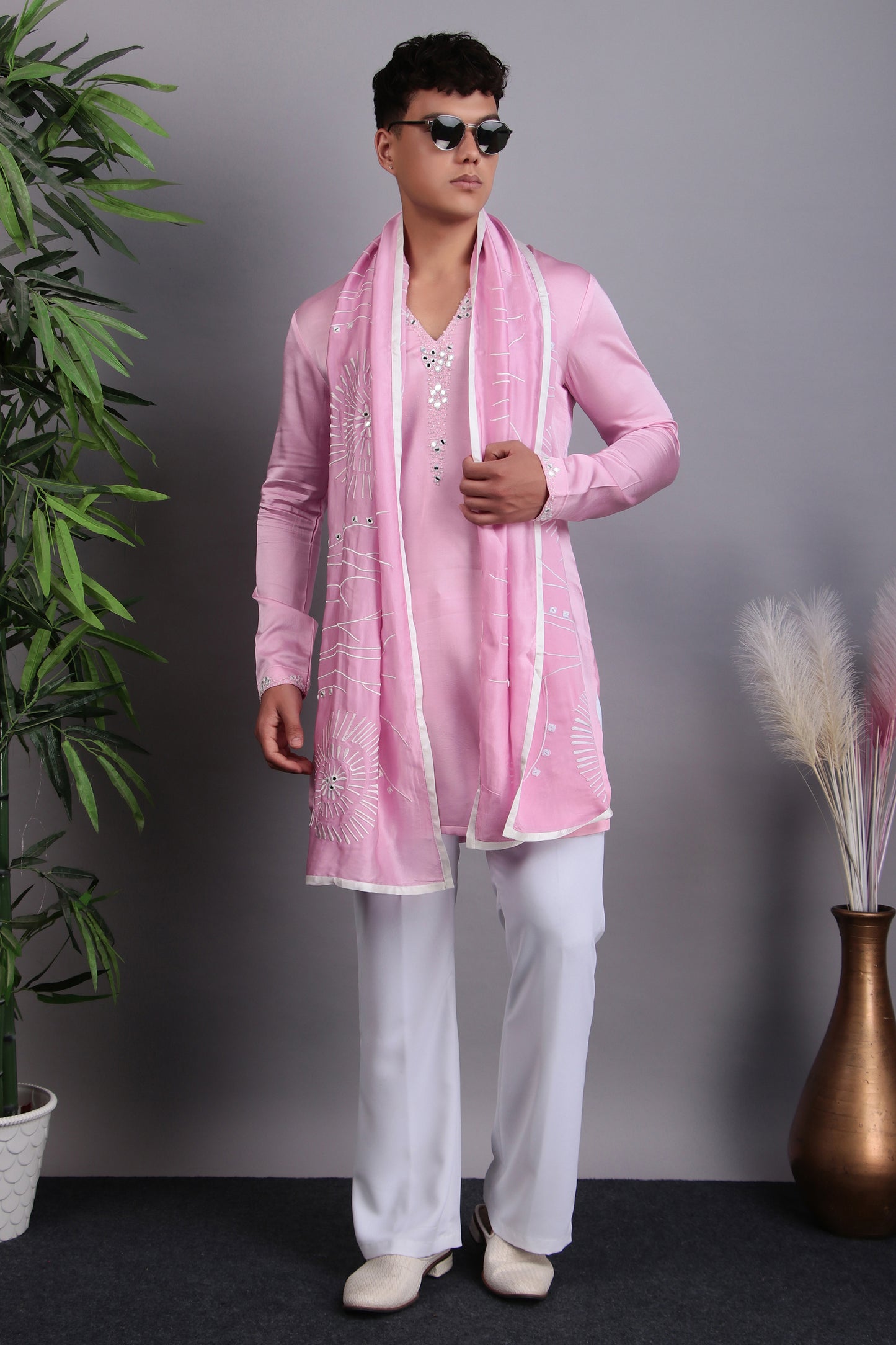 Detail view 5 - Men’s Kurta Set – Modal Satin in Pink with Tie and Dye & Silk Thread Embroidery