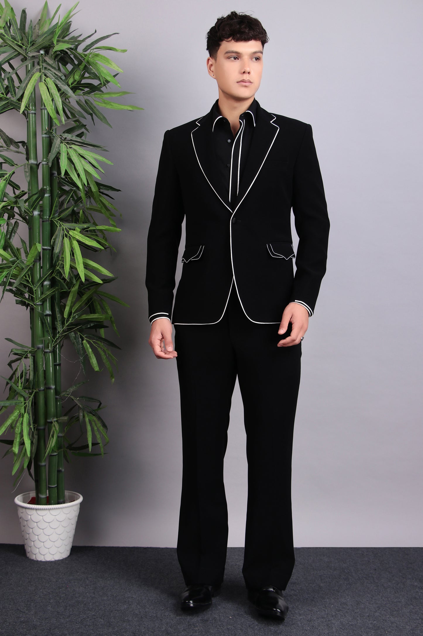 Side view - Men’s Tuxedo – Japanese Lycra in Black with White Piping Details