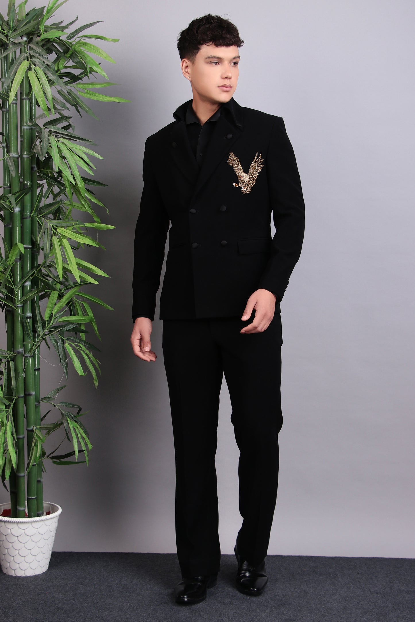Front view - Men’s Tuxedo – Japanese Lycra in Black with Eagle Motif Embroidery
