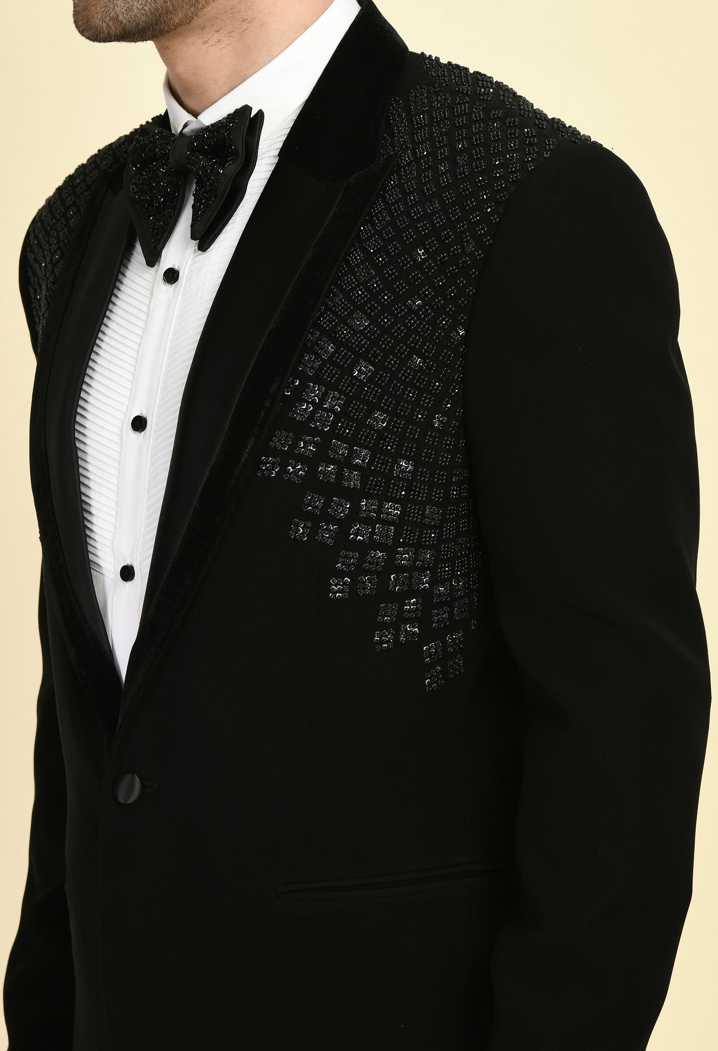 Detail view 1 - Men’s Tuxedo – Japanese Lycra in Black with Geometric Beads, Stone and Sequins Embroidery