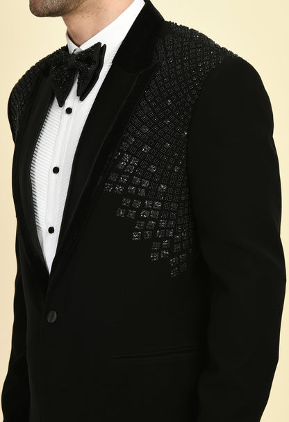 Men’s Tuxedo – Japanese Lycra in Black with Geometric Beads, Stone and Sequins Embroidery | One Man Show