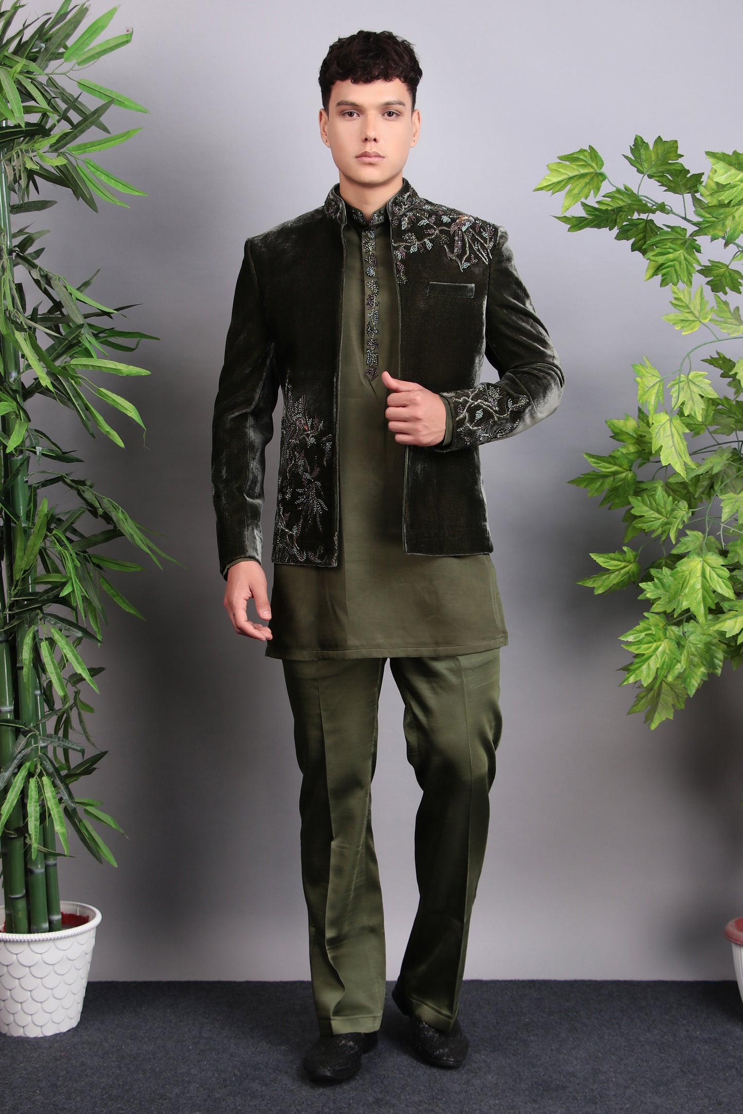 Front view - Men’s Indo-Western – Velvet Embroidered Fabric in Green with Multi Colored Floral Embroidery