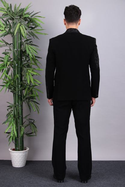 Men’s Tuxedo – Japanese Lycra in Black with Layered Lapel & Beaded Embroidery | One Man Show