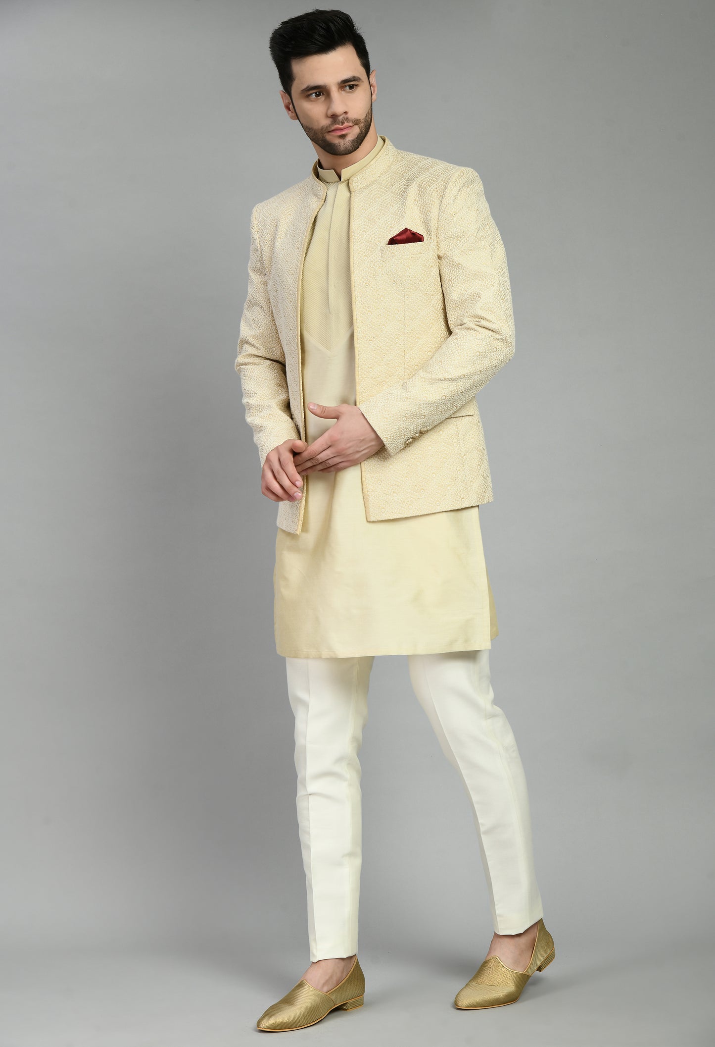 Side view - Men’s Indo-Western – Silk Kurta in Cream with Silk Thread Embroidery