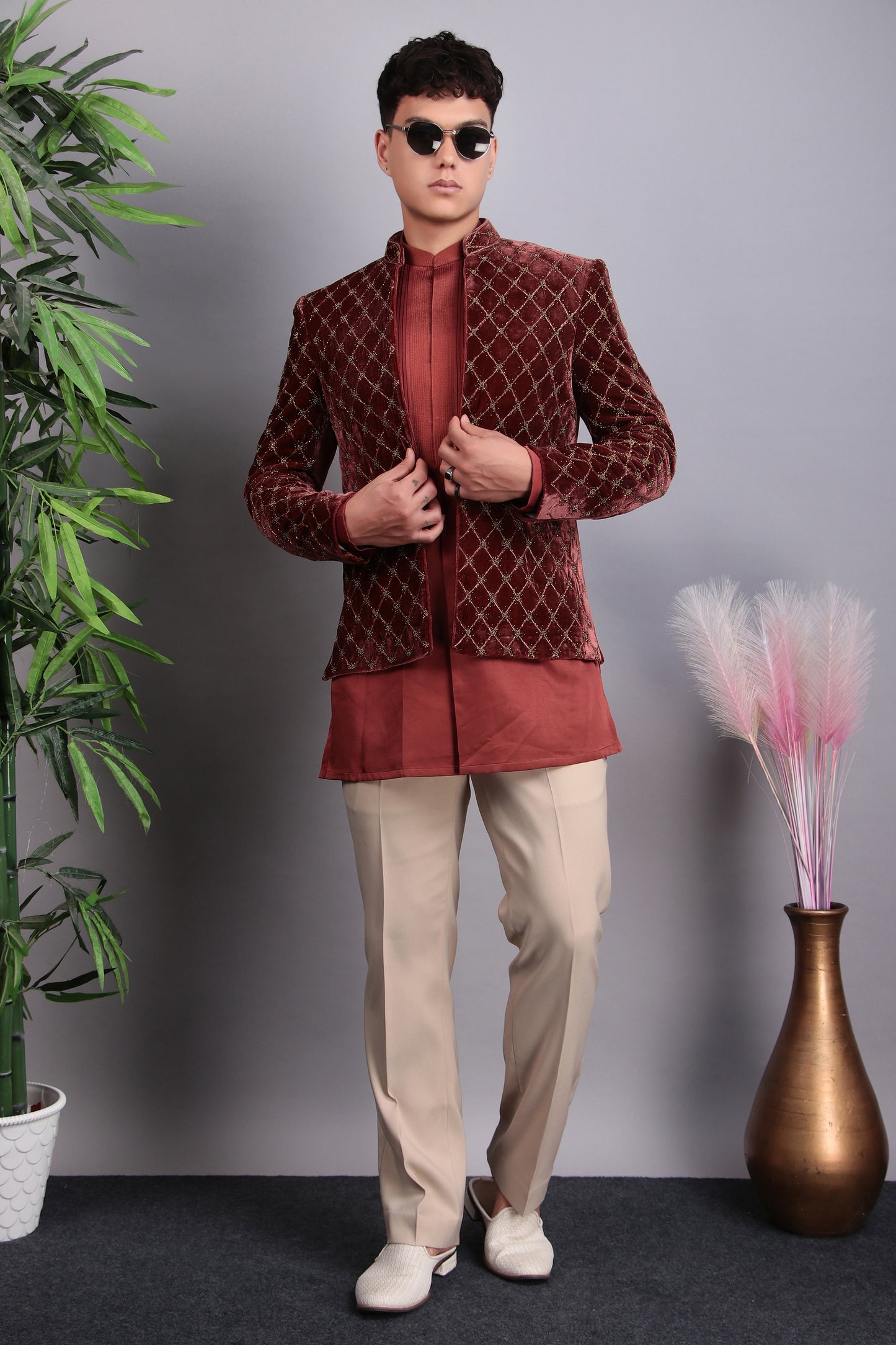 Men’s Indo-Western – Velvet Embroidered Fabric in Peach with Geometric Hand Embroidery | One Man Show