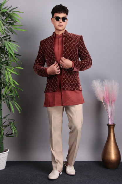 Men’s Indo-Western – Velvet Embroidered Fabric in Peach with Geometric Hand Embroidery | One Man Show