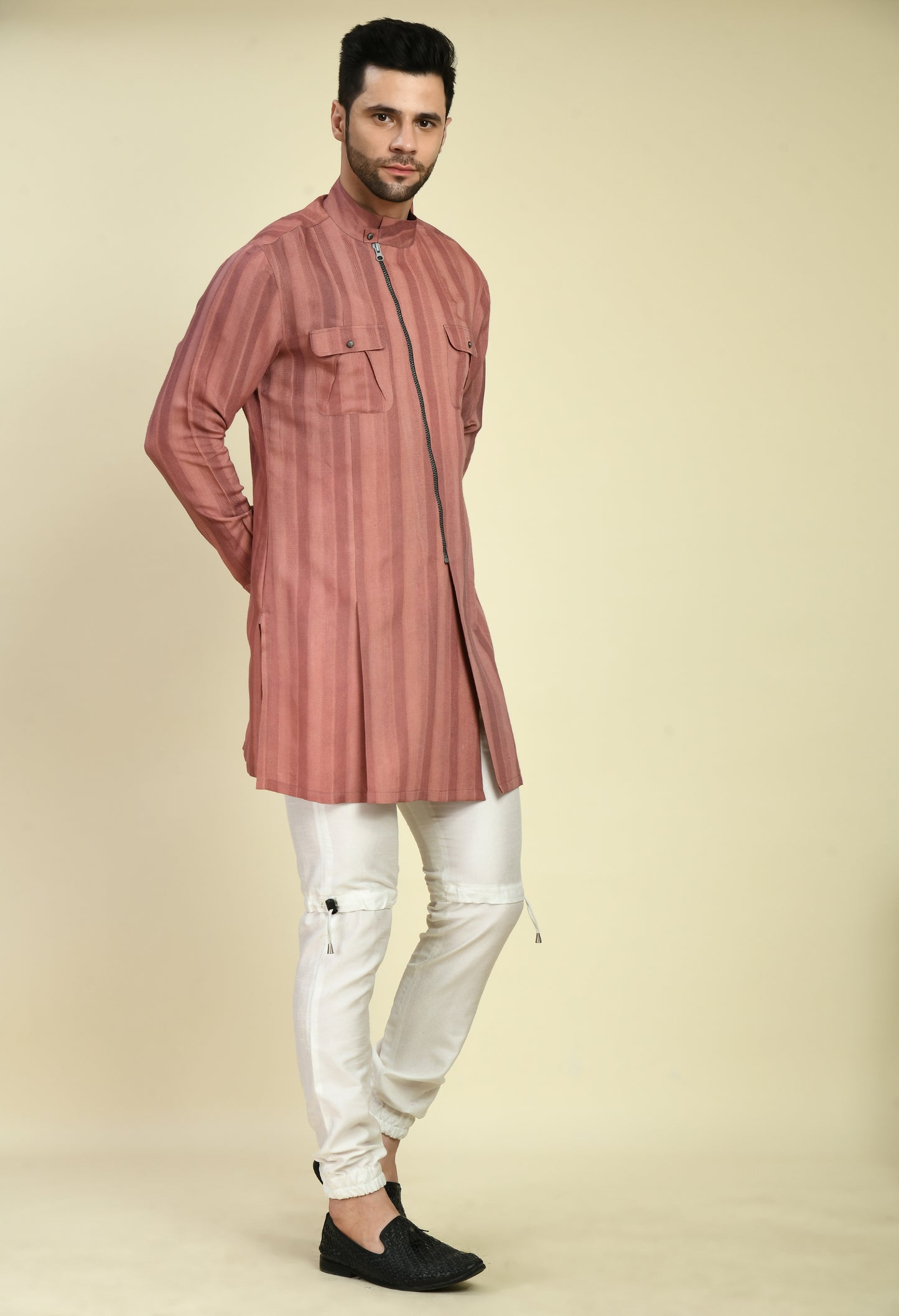 Back view - Men’s Nehru Jacket – Silk Jaquard in Pink with Assymetric Zipper Front