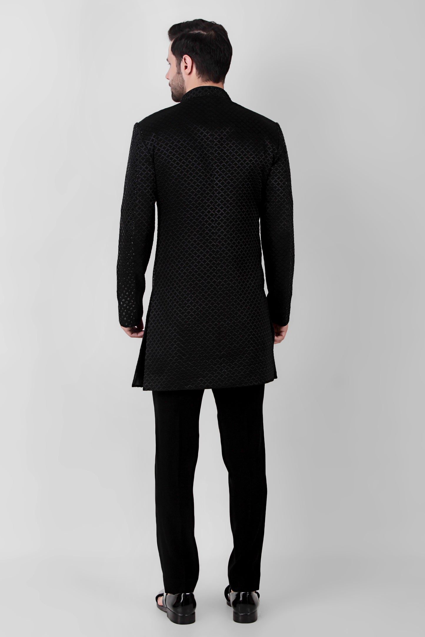 Back view - Men’s Indo-Western – Silk Georgette in Black with Cutdane Embroidery