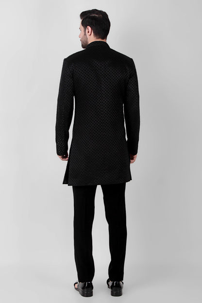Men’s Indo-Western – Silk Georgette in Black with Cutdane Embroidery | One Man Show