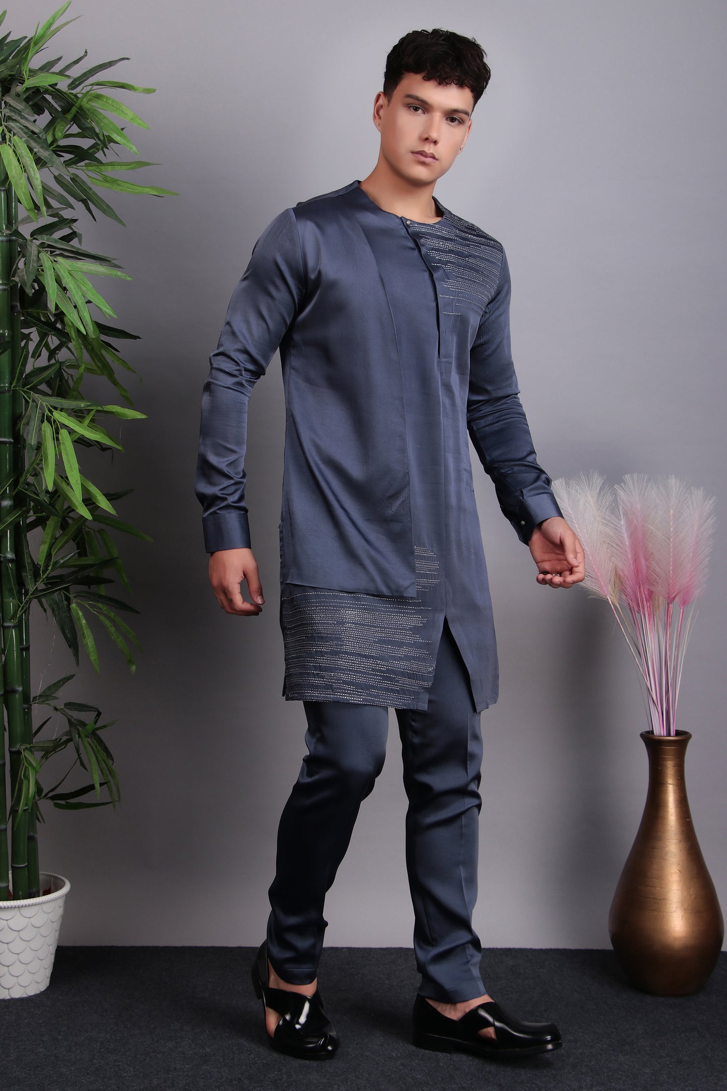 Front view - Men’s Kurta Set – Modal Satin in Grey with Silk Thread Embroidery & Asymmetric Cut
