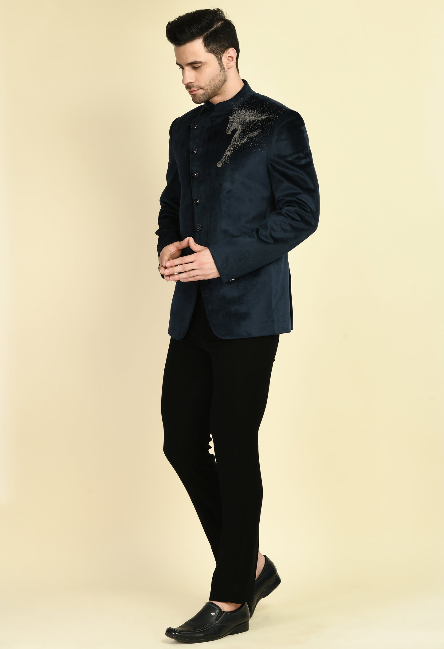 Side view - Men’s Bandhgala – Suede Velvet in Navy Blue with Shoulder Placement Embroidery