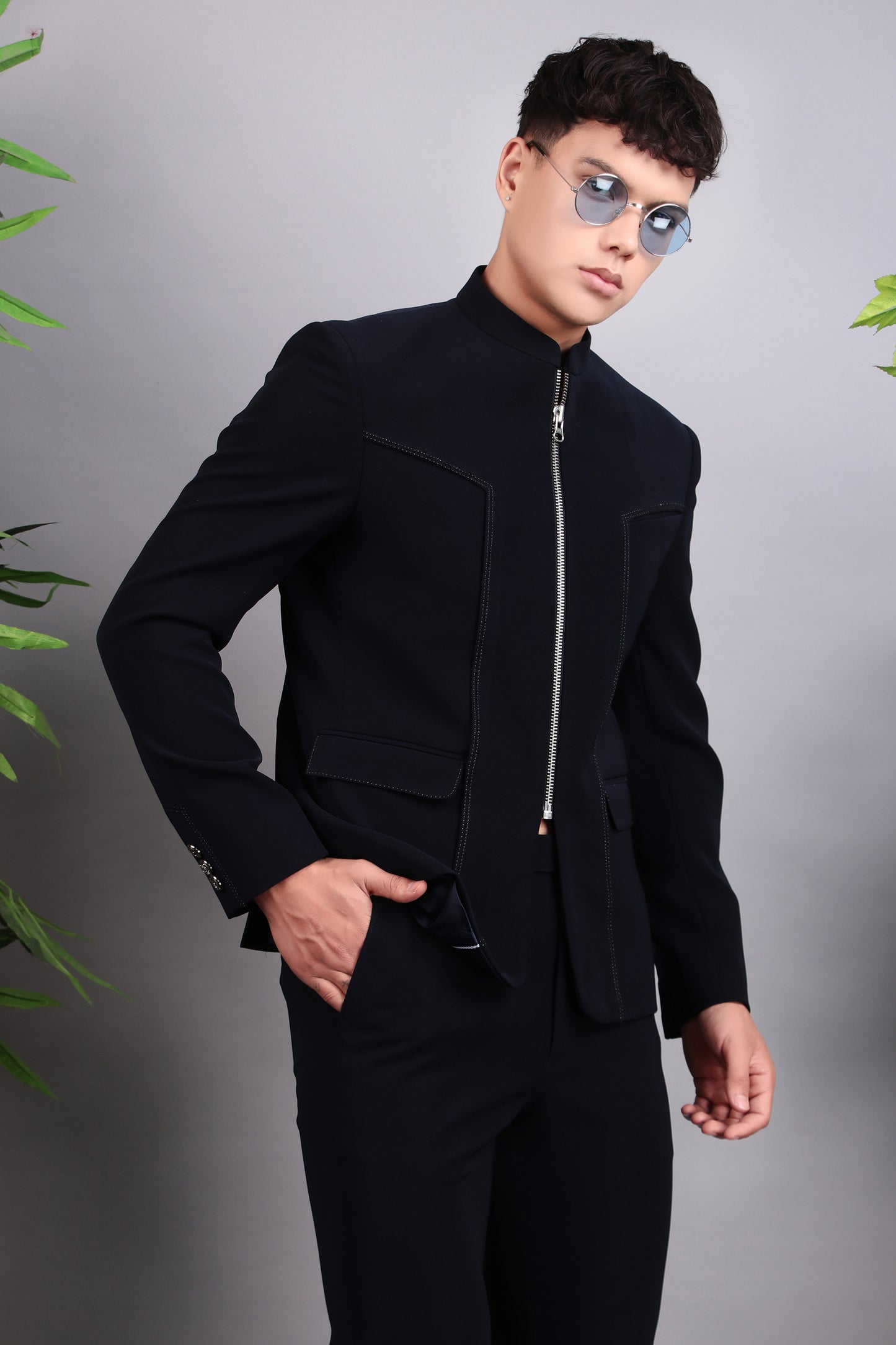 Detail view 1 - Men’s Bandhgala – Cotton Velvet in Midnight Blue with Hand Embroidery
