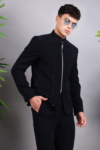 Men’s Bandhgala – Cotton Velvet in Midnight Blue with Hand Embroidery | One Man Show