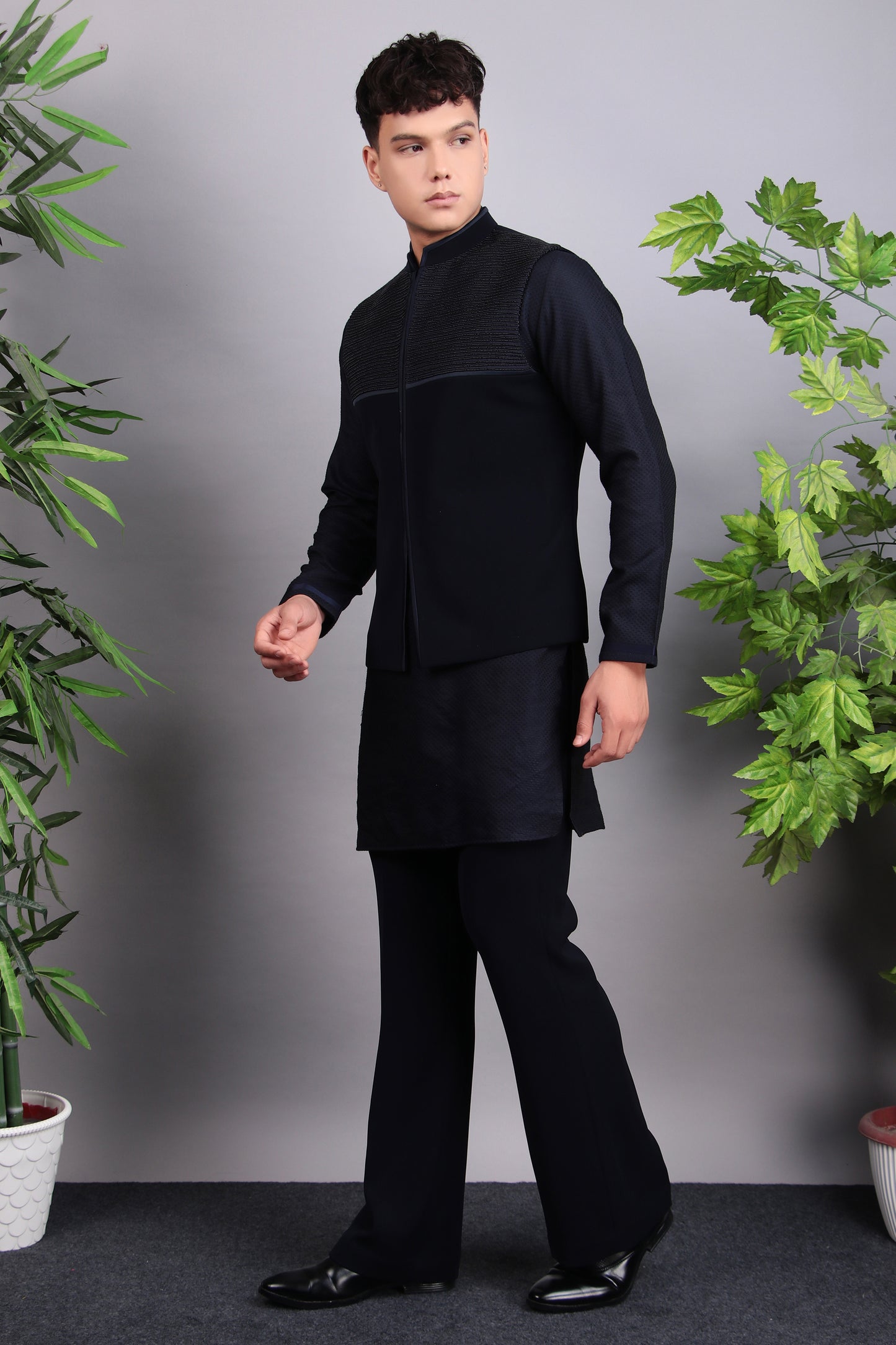 Detail view 3 - Men’s Nehru Jacket – Viscose Silk Fabric in Blue with Subtle Pintex and Bead Embroidery