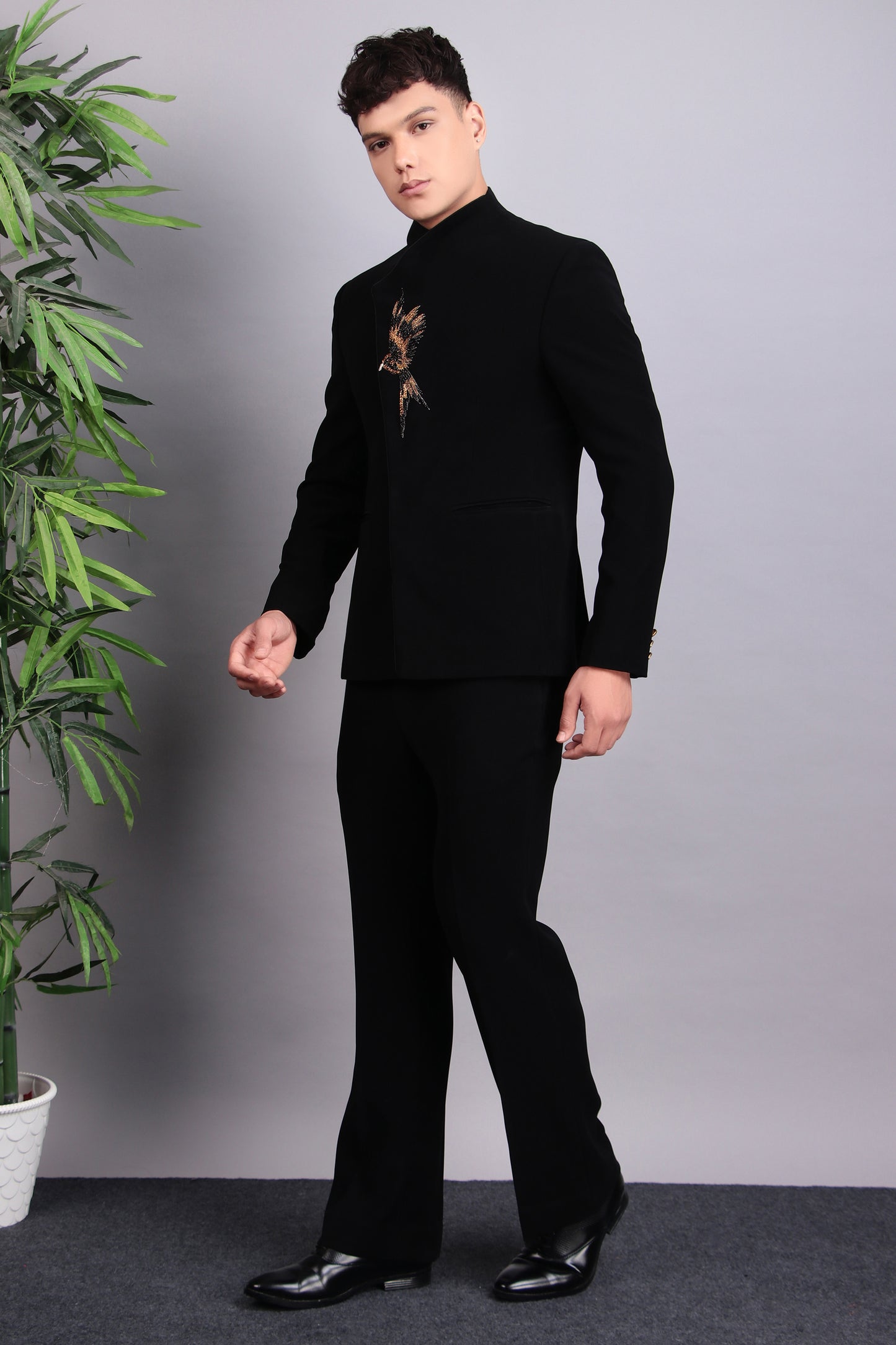 Detail view 1 - Men’s Bandhgala – Japanese Lycra in Black with Assymetric Front Cut and Bird Motif Embroidery