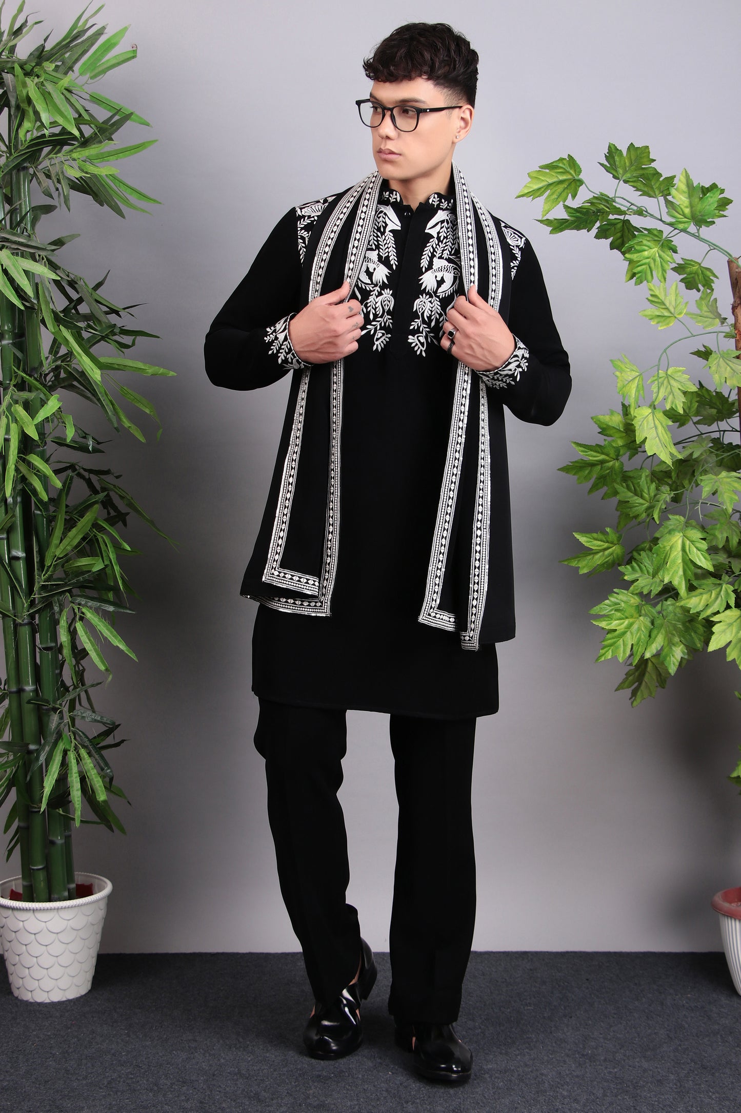 Detail view 3 - Men’s Kurta Set – Korean Wrinkle Free in Black with Silk Thread Embroidery