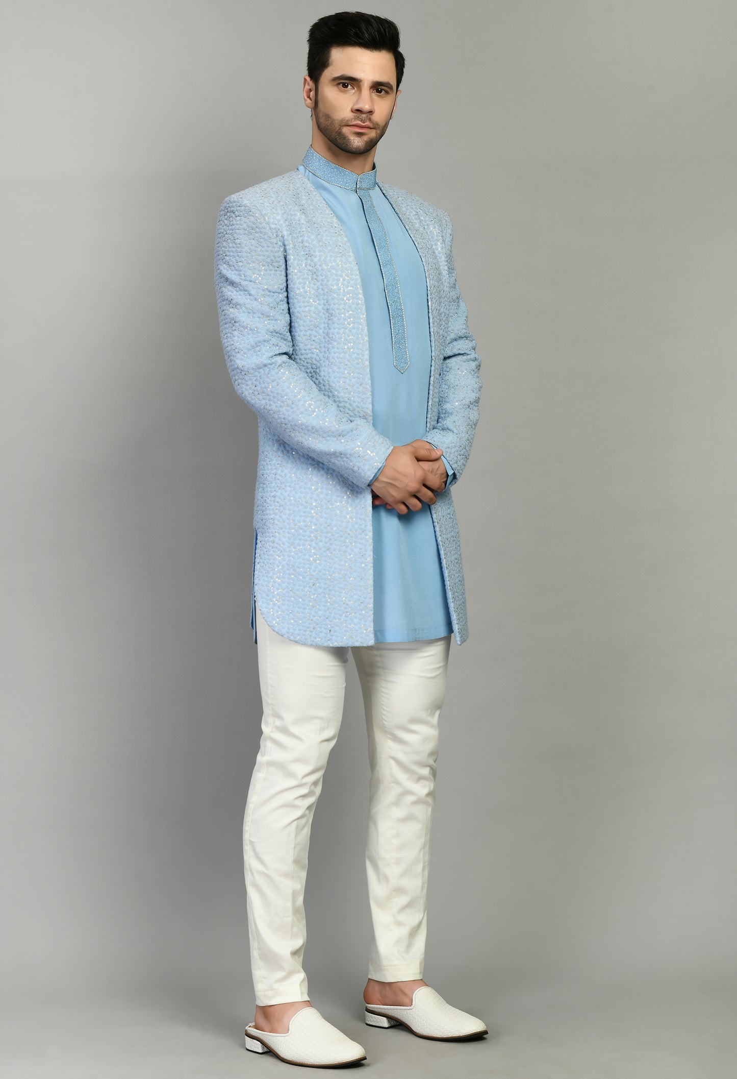 Front view - Men’s Indo-Western – Silk Georgette in Sky Blue with Floral Thread Work