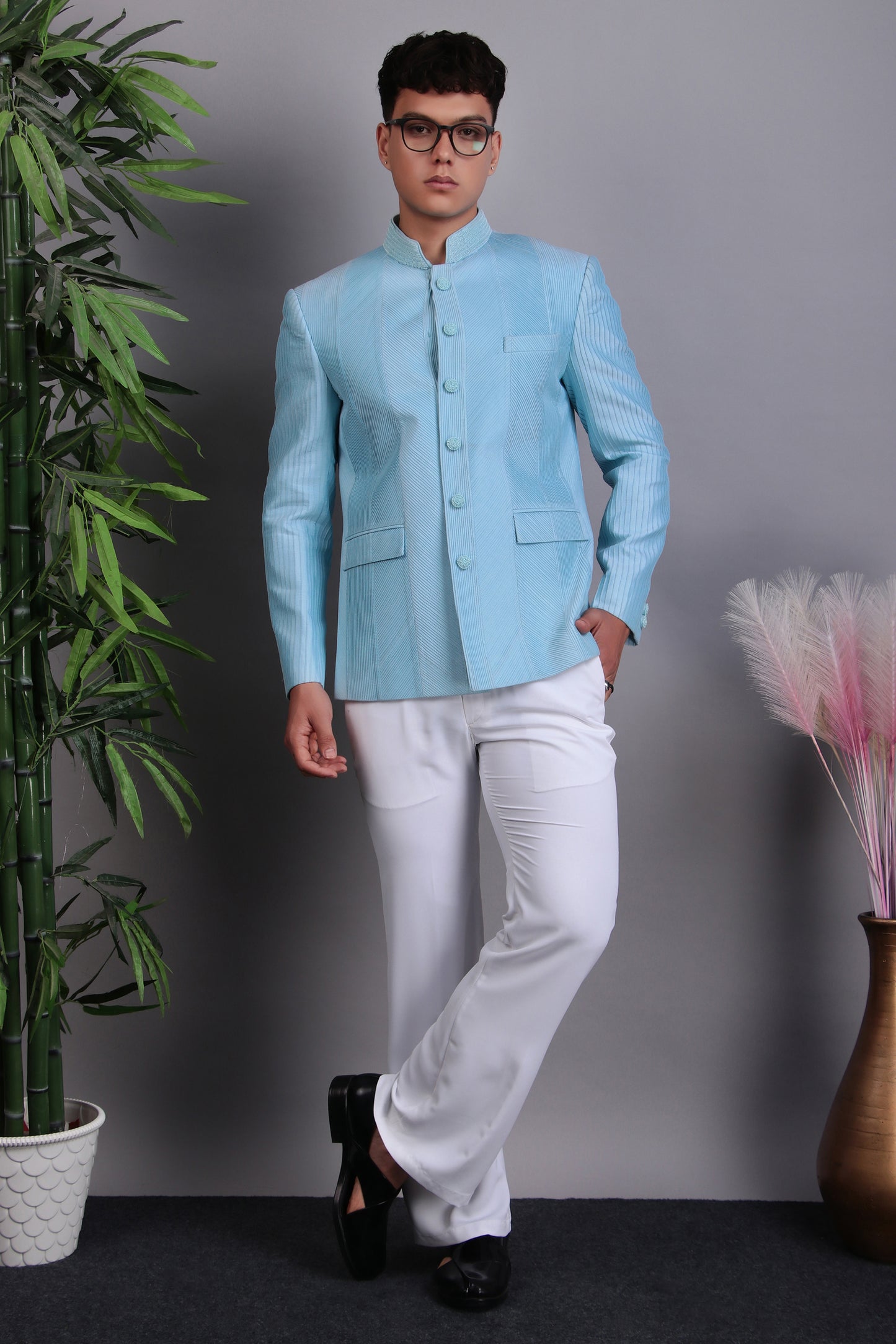 Detail view 3 - Men’s Bandhgala – Silk in Blue with Hand Embroidery