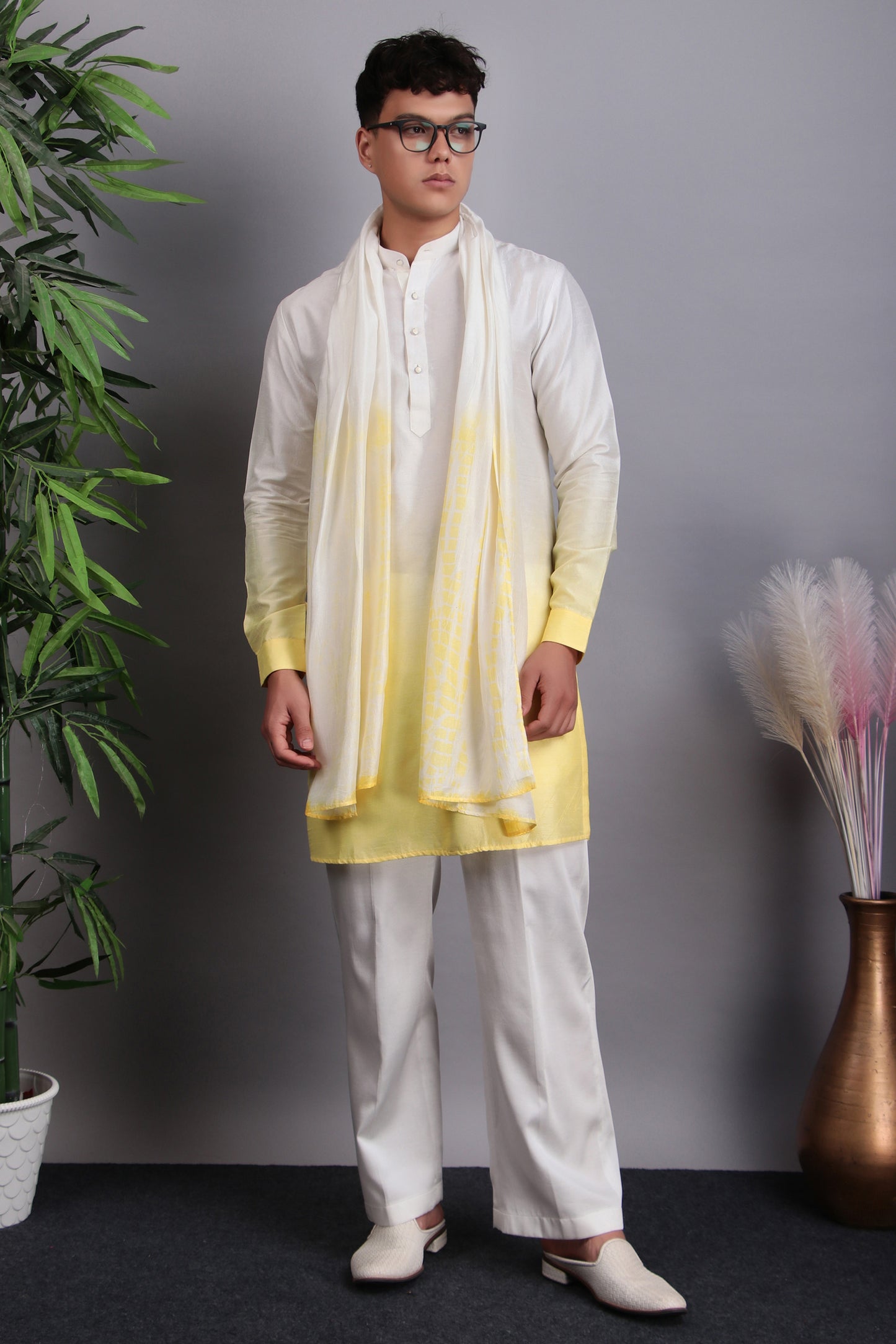 Back view - Men’s Nehru Jacket – Viscose Silk in Yellow with Tie and Dye & Hand Embroidery