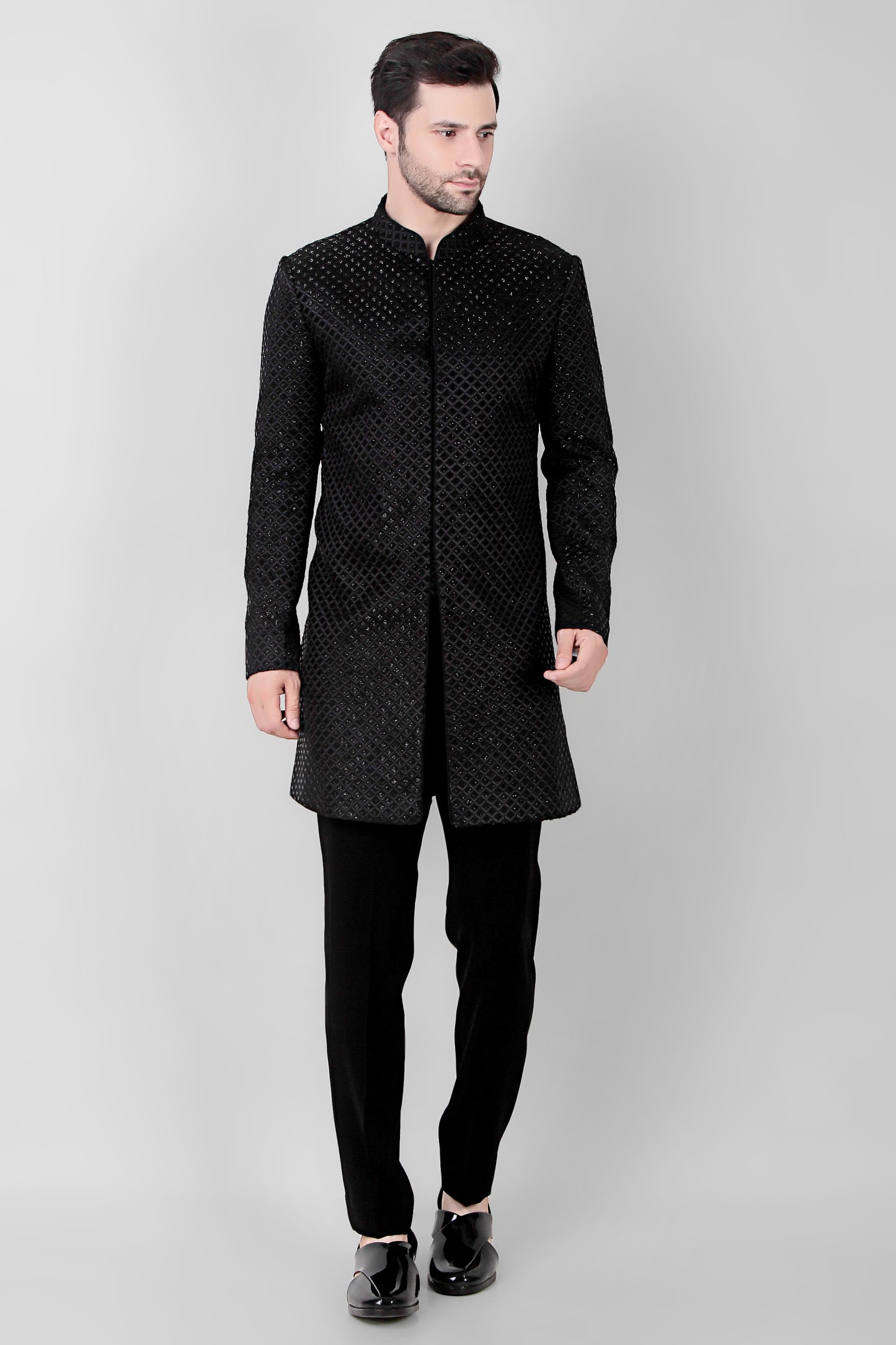 Front view - Men’s Indo-Western – Silk Georgette in Black with Cutdane Embroidery