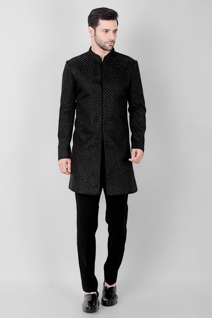 Men’s Indo-Western – Silk Georgette in Black with Cutdane Embroidery | One Man Show