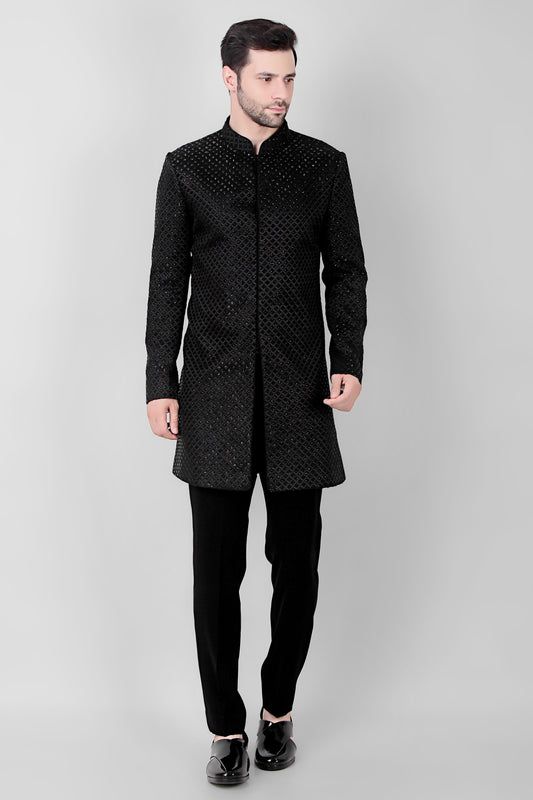 Men’s Indo-Western – Silk Georgette in Black with Cutdane Embroidery | One Man Show