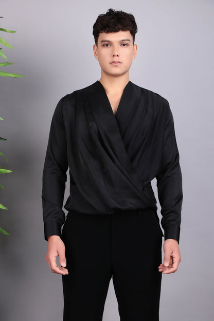 Men’s Tuxedo – Japanese Lycra in Black with Layered Lapel & Beaded Embroidery | One Man Show