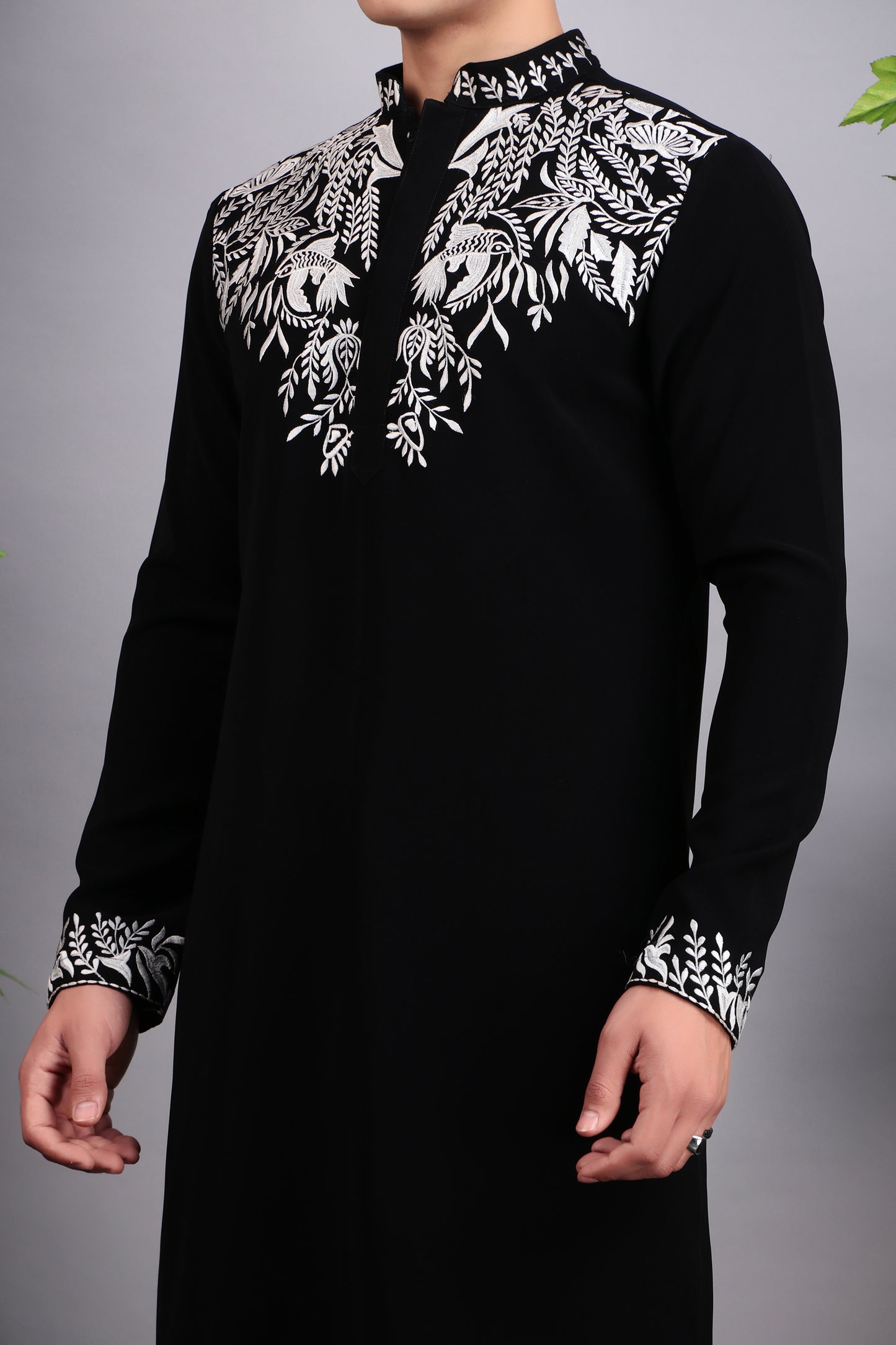 Detail view 2 - Men’s Kurta Set – Korean Wrinkle Free in Black with Silk Thread Embroidery