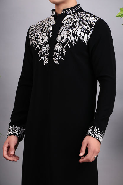 Men’s Kurta Set – Korean Wrinkle Free in Black with Silk Thread Embroidery | One Man Show