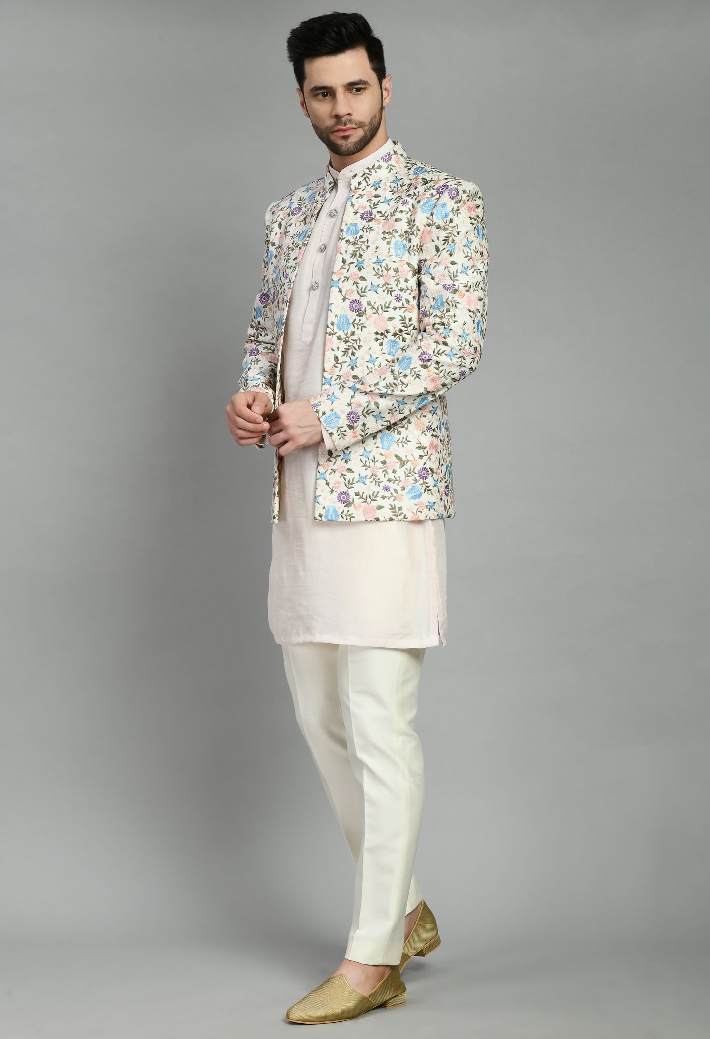 Front view - Men’s Indo-Western – Silk Kurta in Multi Color with Multi Color Floral Silk Thread Embroidery