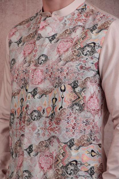 Men’s Layered Kurta Set – Cotton Silk in Salmon Pink with Jacquard Printed Jacket Look | One Man Show