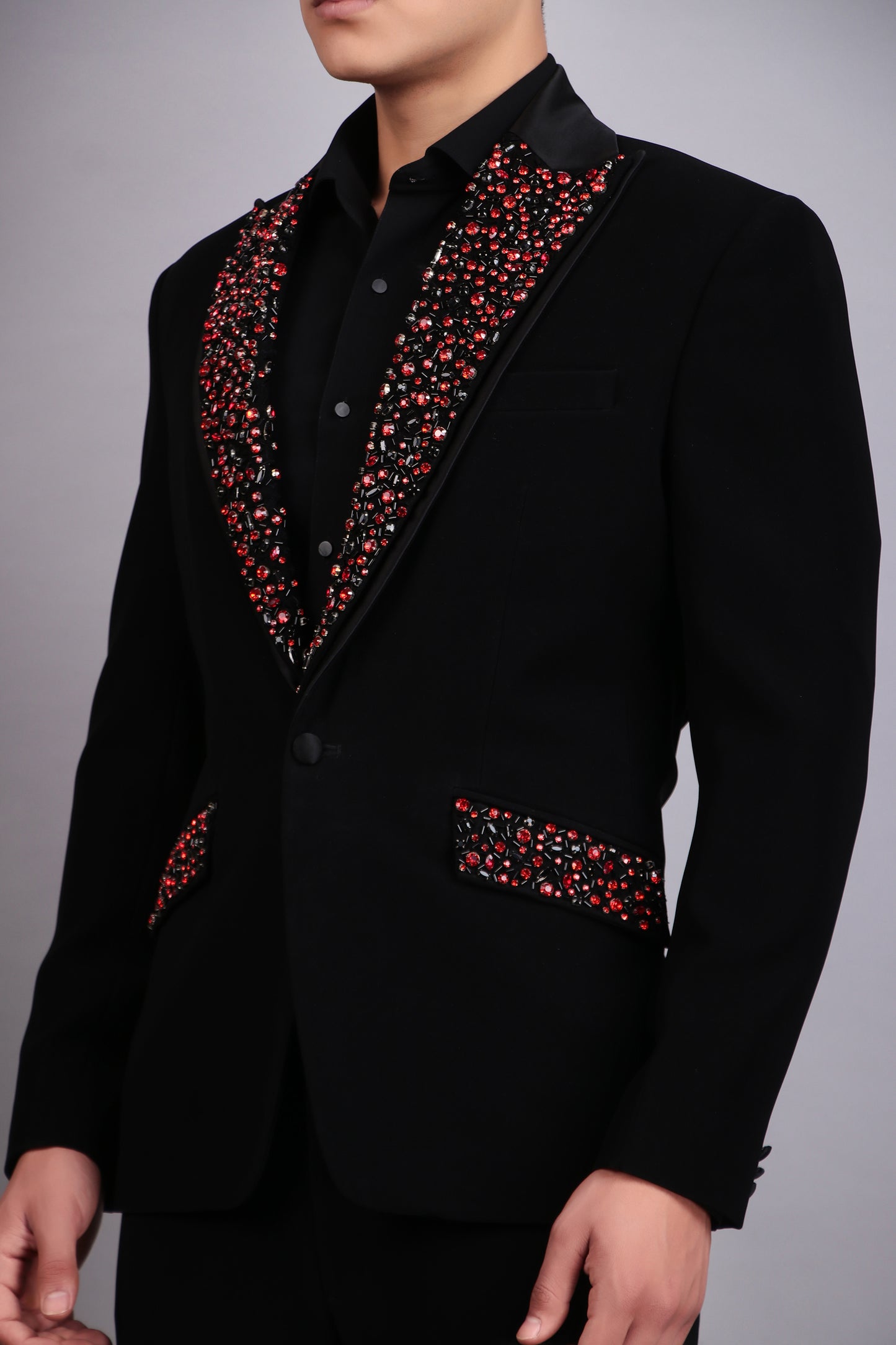 Detail view 3 - Men’s Tuxedo – Japanese Lycra in Black with Abstract Stones Embroidery