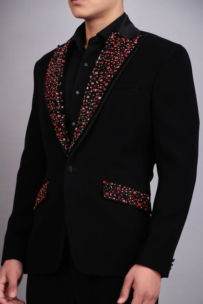 Men’s Tuxedo – Japanese Lycra in Black with Abstract Stones Embroidery | One Man Show
