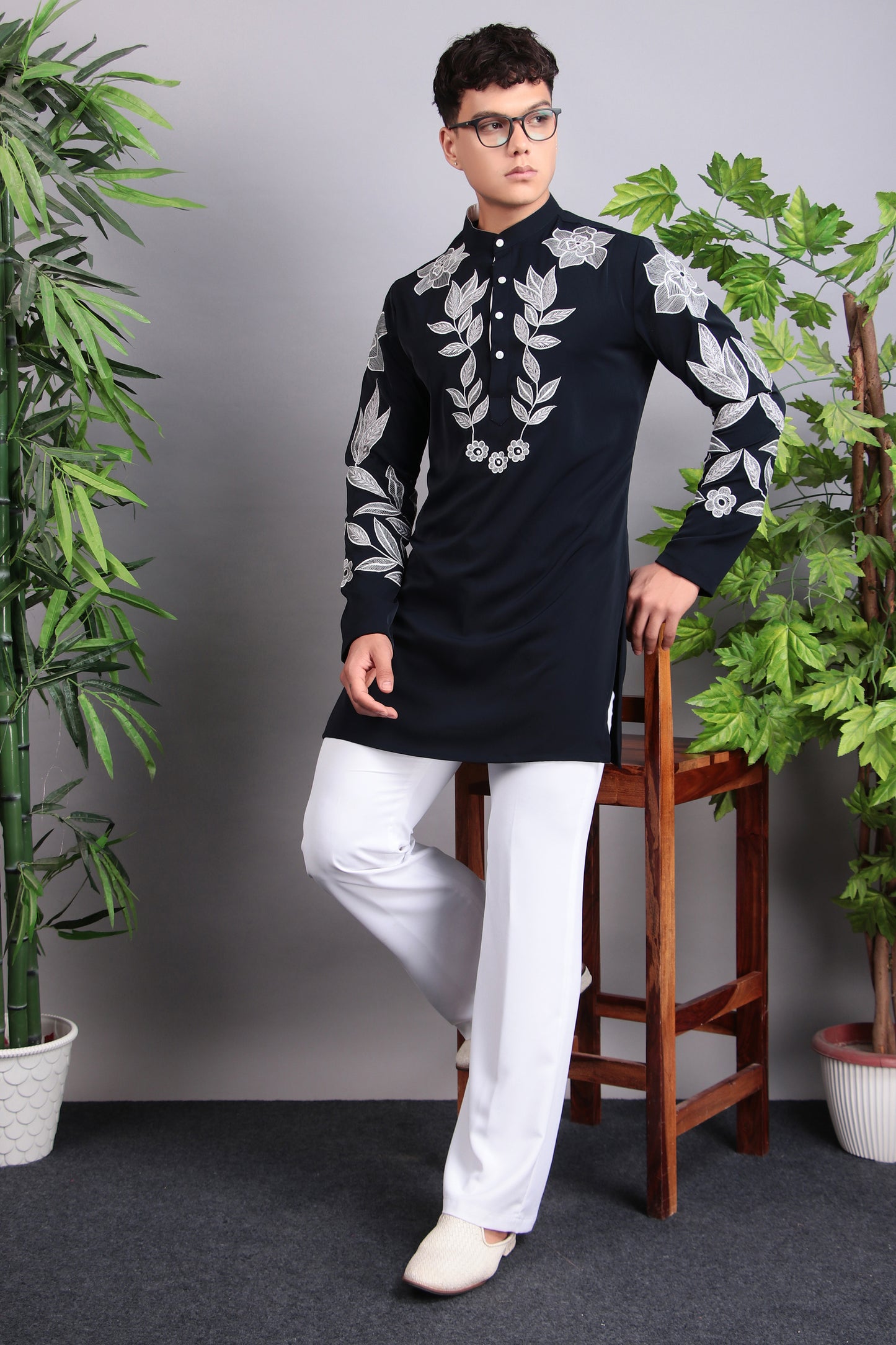 Detail view 5 - Men’s Kurta Set – Korean Wrinkle Free in Navy Blue with Silk Thread Embroidery