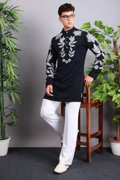 Men’s Kurta Set – Korean Wrinkle Free in Navy Blue with Silk Thread Embroidery | One Man Show