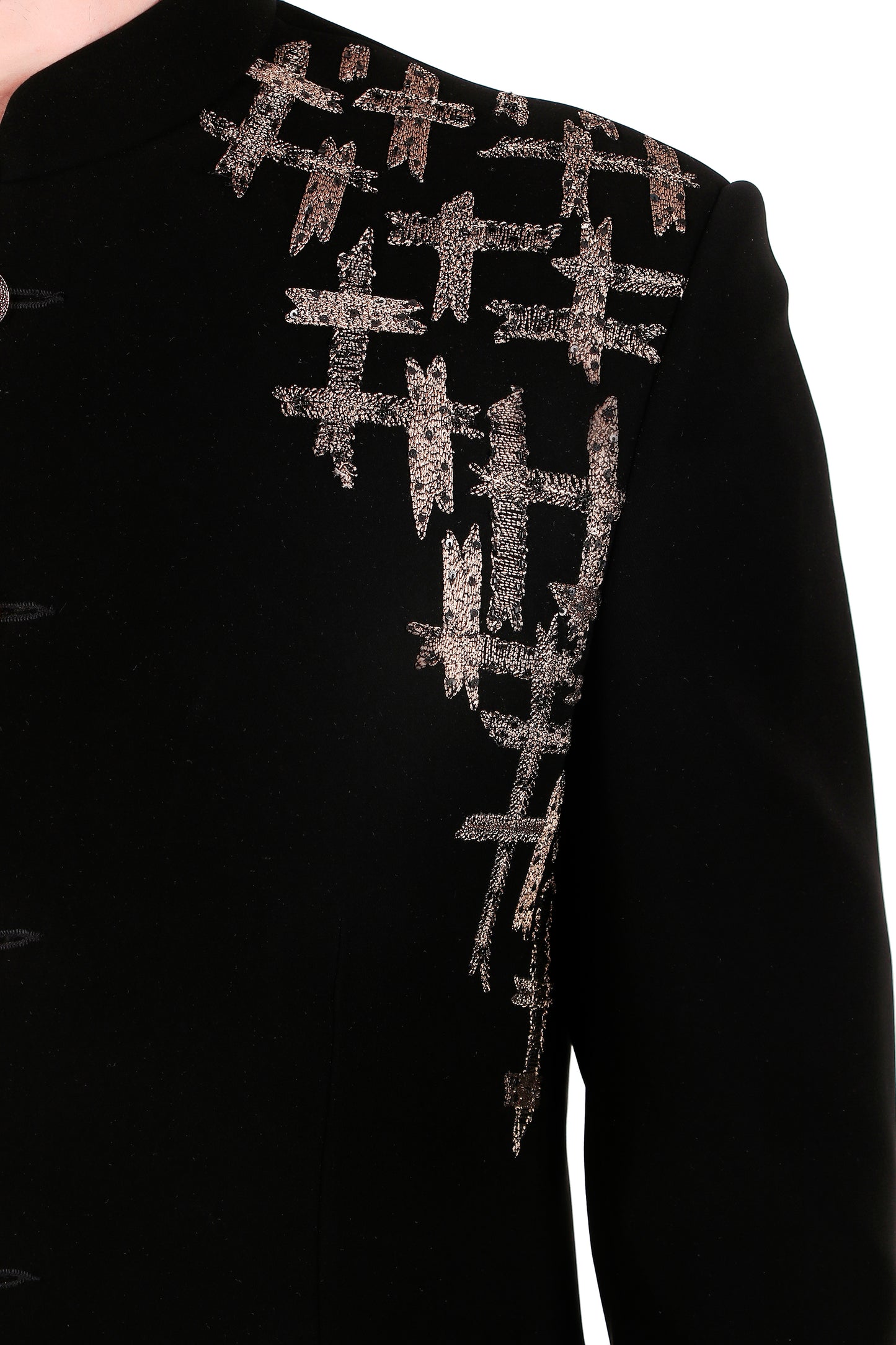 Detail view 4 - Men’s Bandhgala – Japanese Lycra in Black with Zari Embroidery