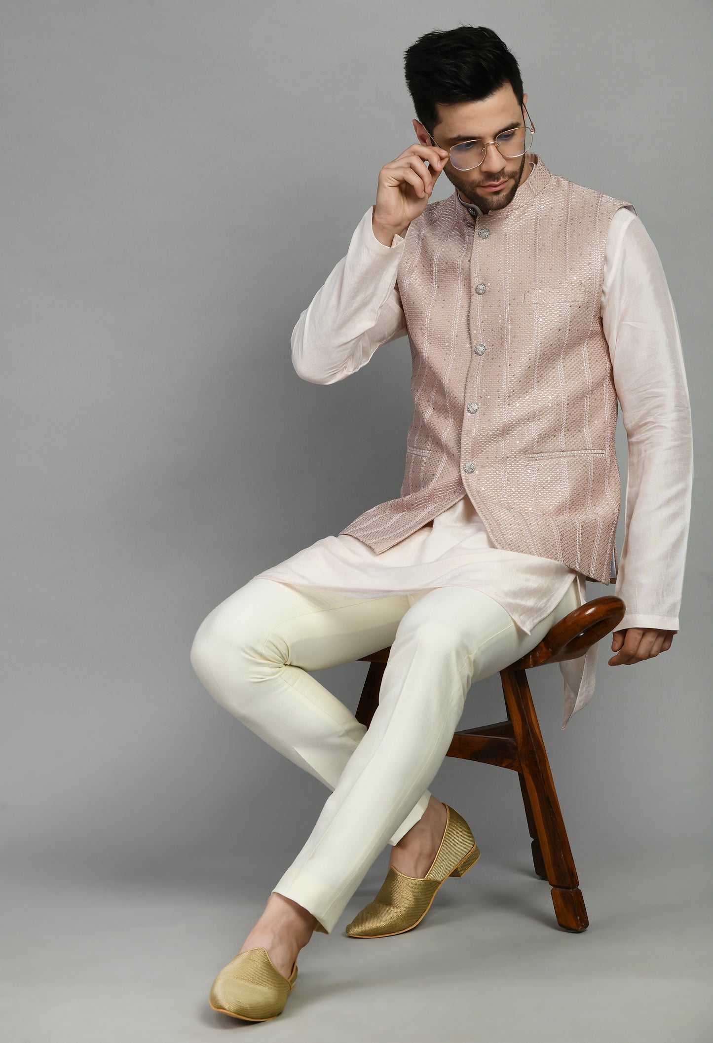 Detail view 2 - Men’s Nehru Jacket – Silk Georgette in Pink with Thread and Sequins Embroidery