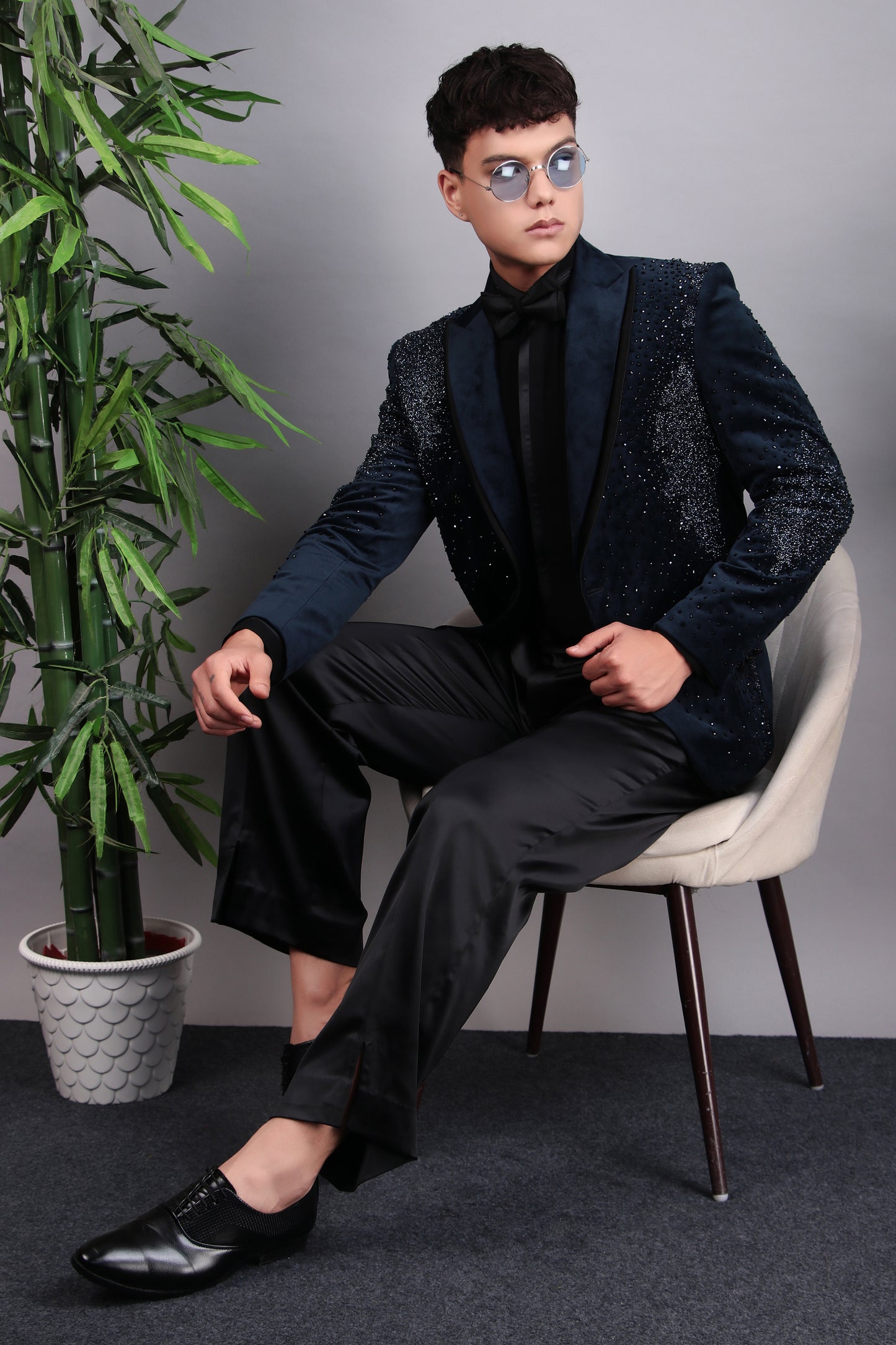 Men’s Indo-Western – Suede Top in Blue with Glass Abstract Placement Embroidery | One Man Show