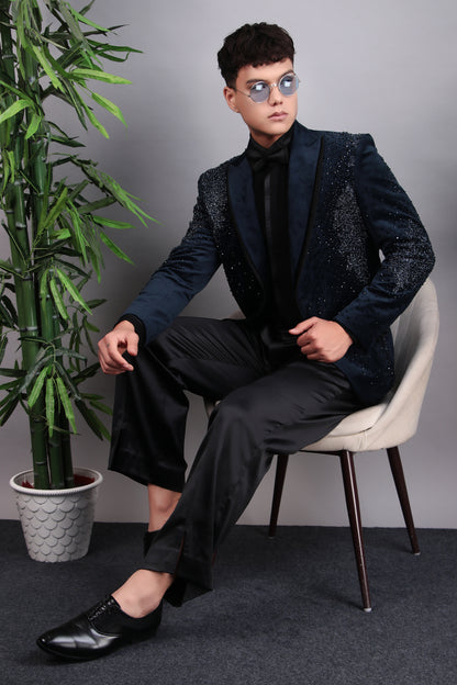 Men’s Indo-Western – Suede Top in Blue with Glass Abstract Placement Embroidery | One Man Show