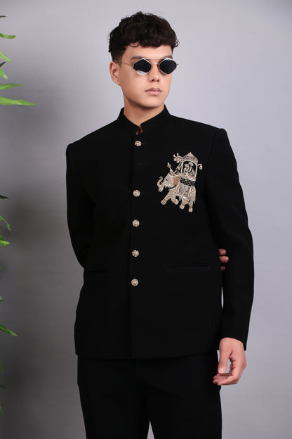 Men’s Bandhgala – Japanese Lycra in Black with Patch Motif Embroidery | One Man Show