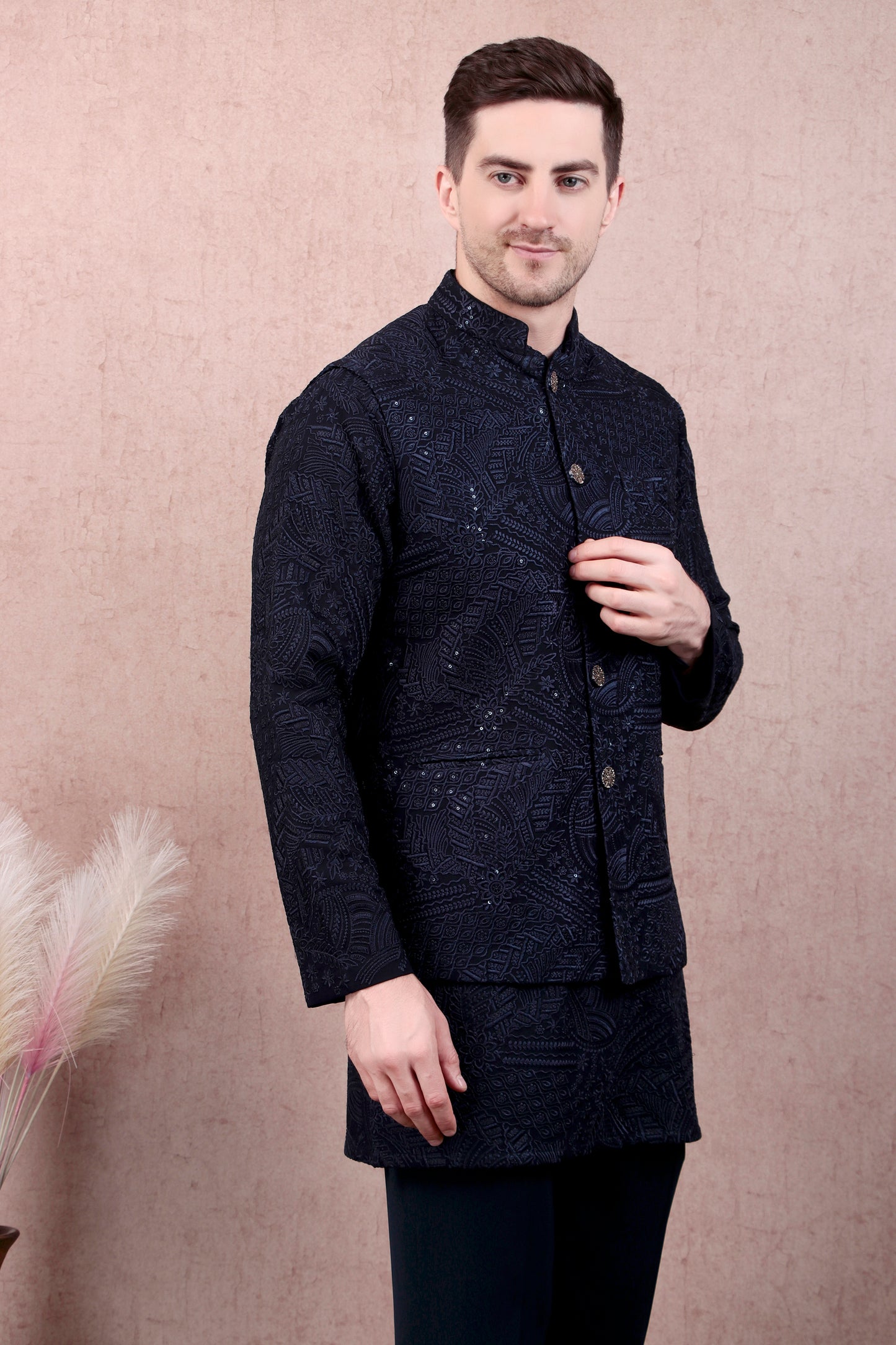 Front view - Men’s Kurta Set – Georgette in Navy Blue with Silk Thread Embroidery & Statement Buttons