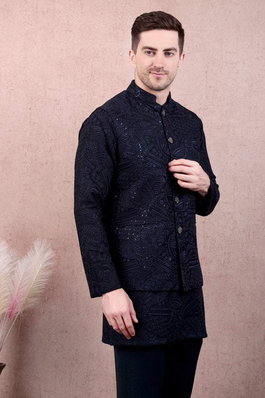 Men’s Kurta Set – Georgette in Navy Blue with Silk Thread Embroidery & Statement Buttons | One Man Show