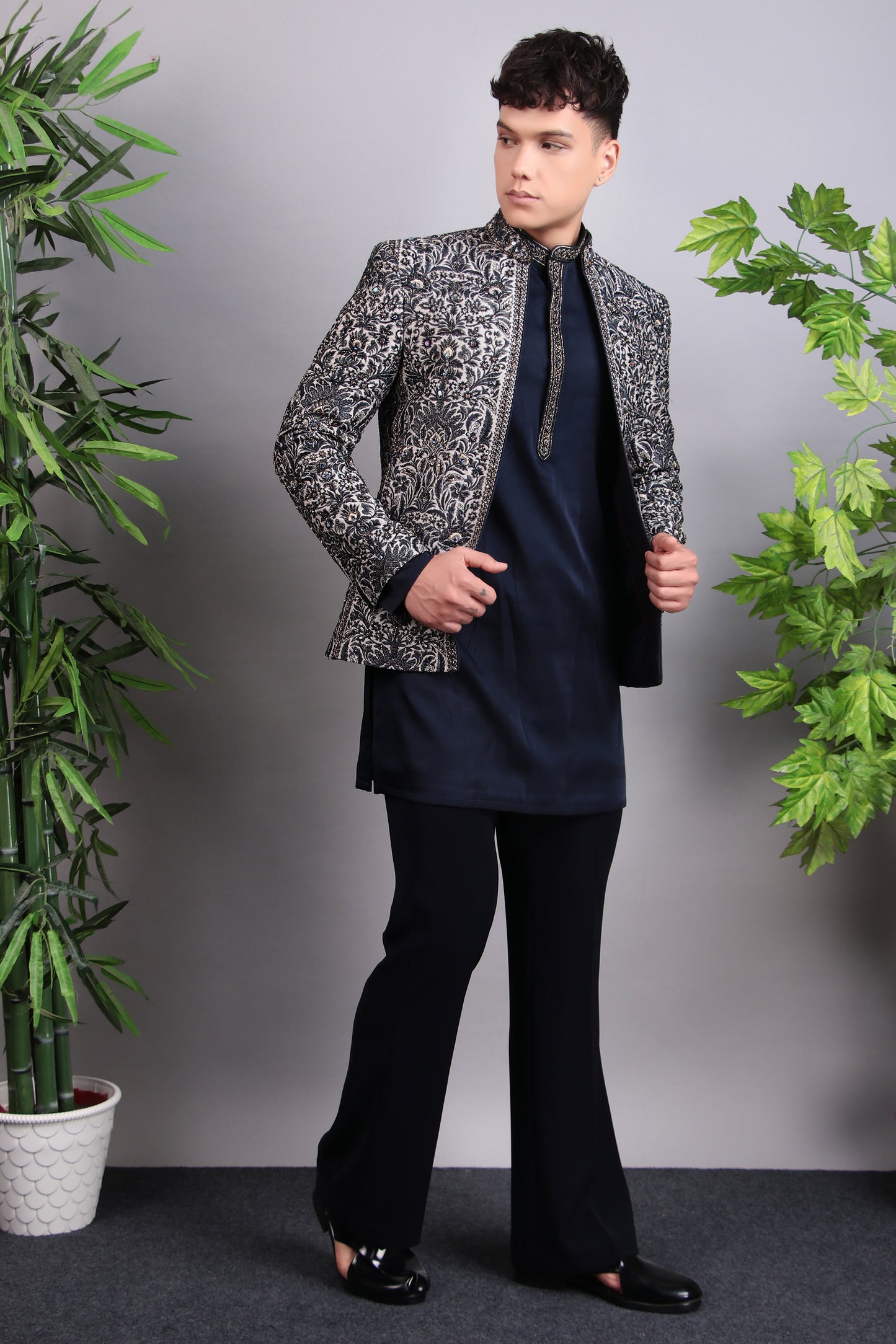 Back view - Men’s Indo-Western – Silk Embroidered Fabric in Blue with Floral Hand Embroidery