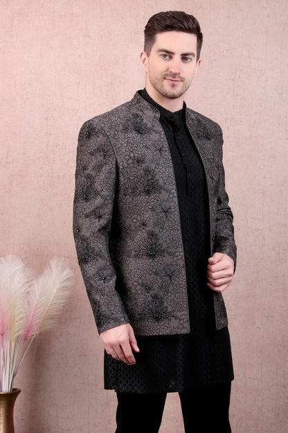 Men’s Kurta Set – Silk in Grey with Floral Thread & Bead Embroidery Jacket over Georgette Kurta | One Man Show