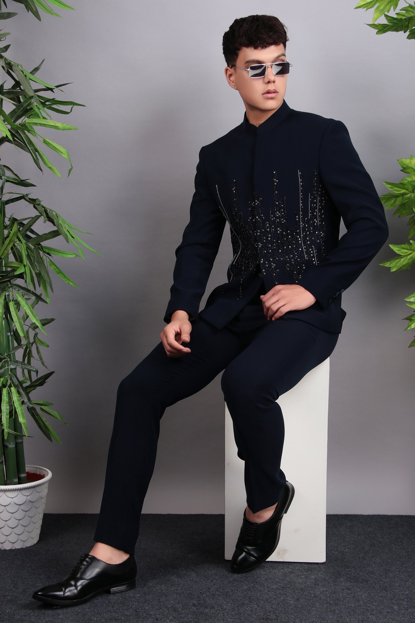 Detail view 3 - Men’s Bandhgala – Japanese Lycra in Navy Blue with Hand Embroidery