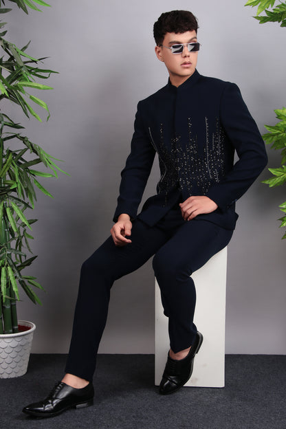 Men’s Bandhgala – Japanese Lycra in Navy Blue with Hand Embroidery | One Man Show