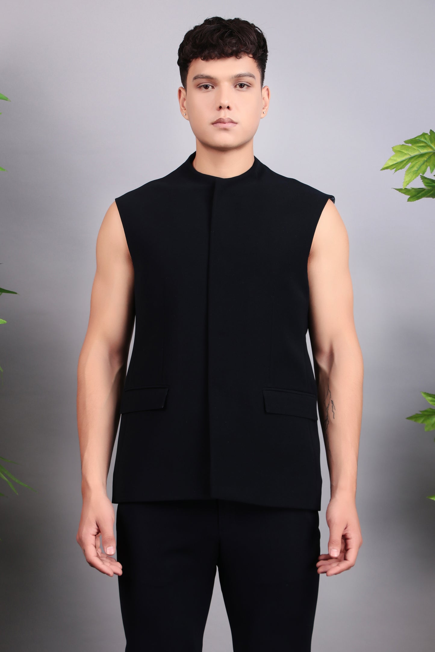 Detail view 1 - Men’s Bandhgala – Japanese Lycra in Midnight Blue with Pintex & Beads Embroidery