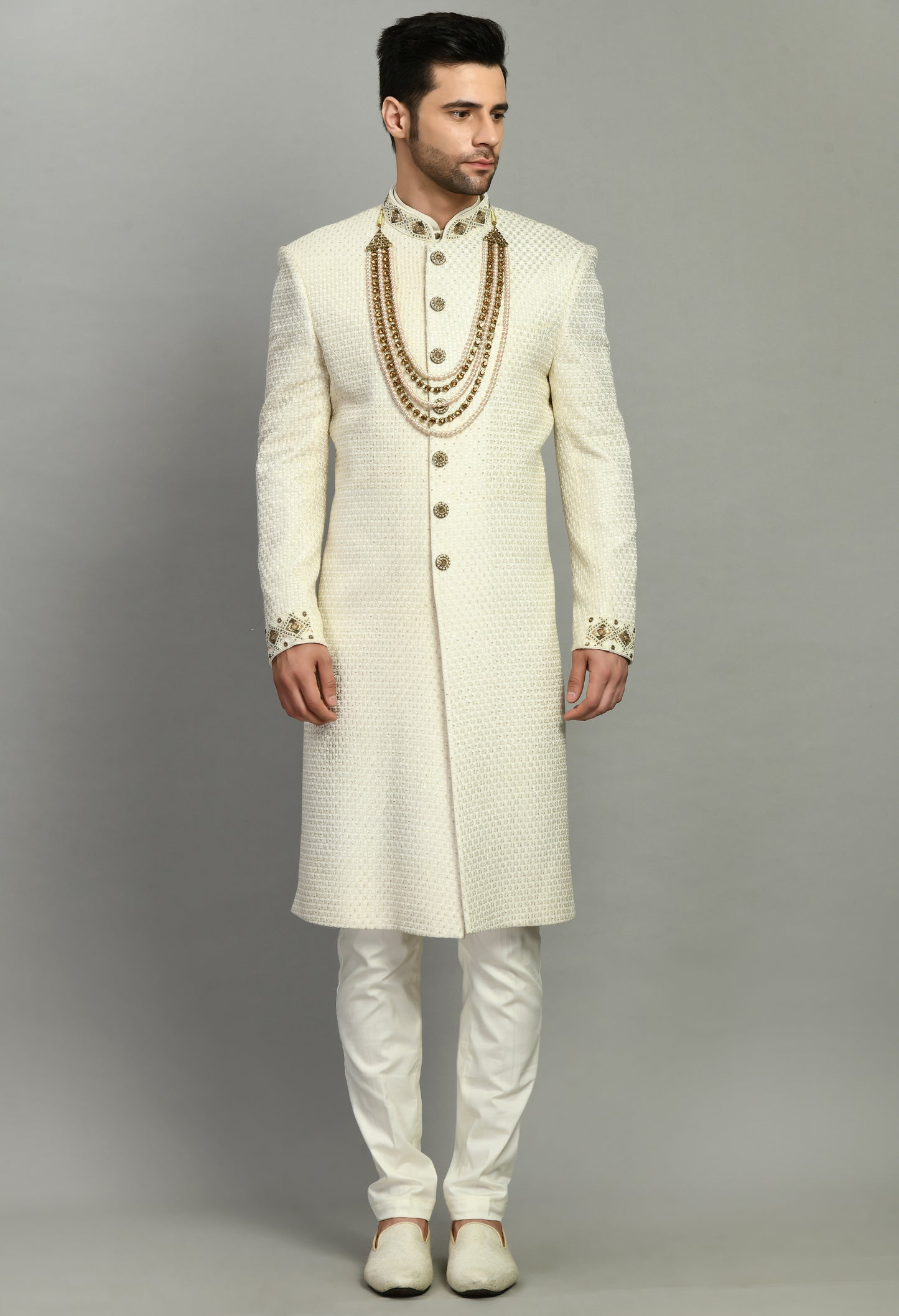Front view - Men’s Sherwani – Silk in Ivory with Detailed Hand Embroidery