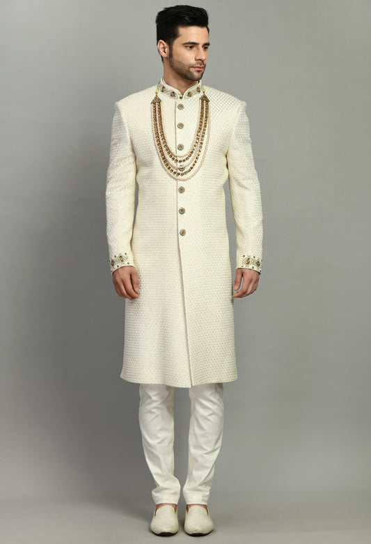 Front view - Men’s Sherwani – Silk in Ivory with Detailed Hand Embroidery