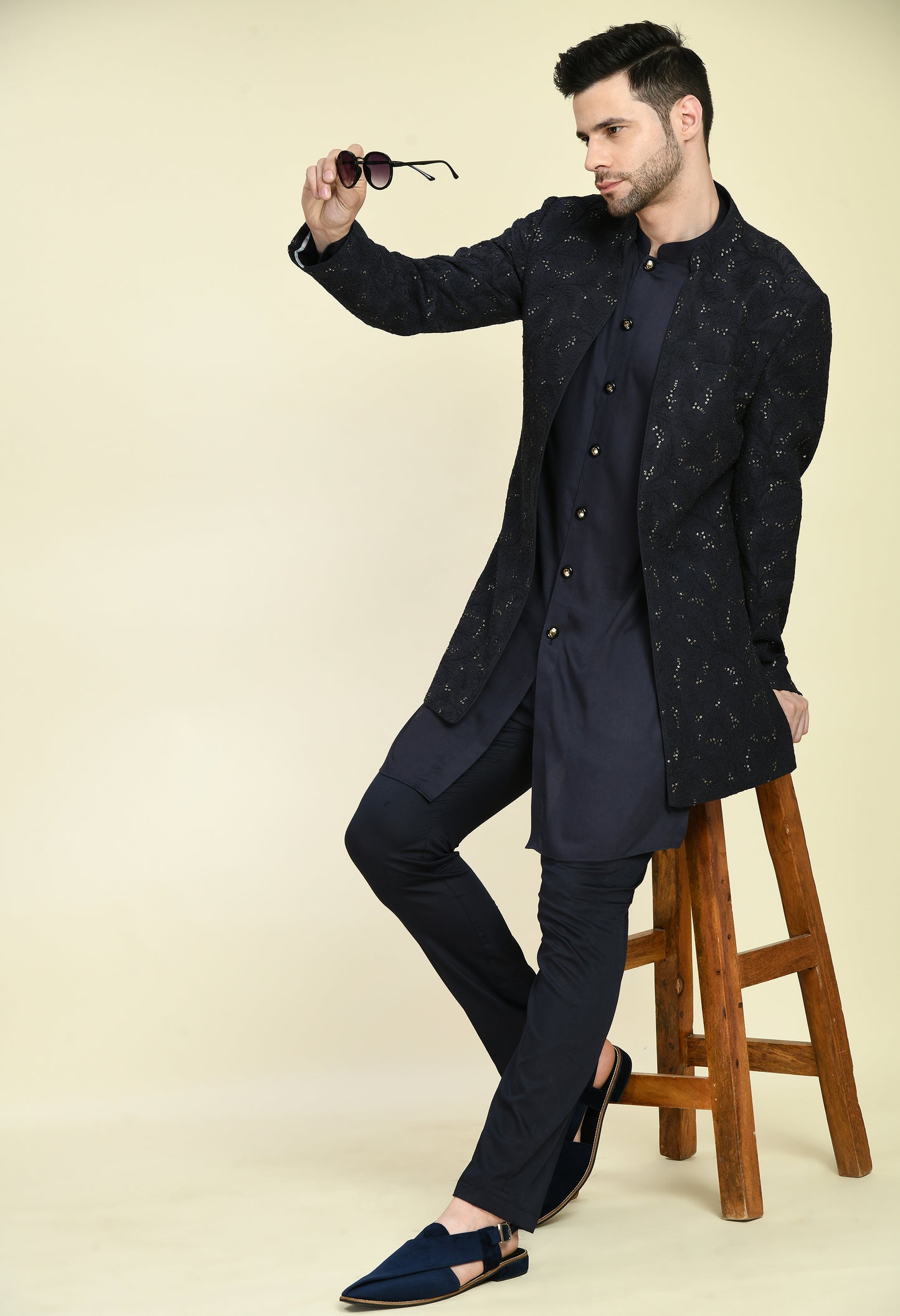 Detail view 3 - Men’s Indo-Western – Silk Kurta in Navy Blue with Dori and Sequins Embroidery